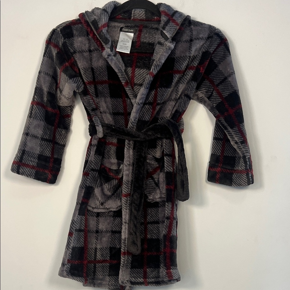Cuddl Duds Kid's Gray Black Red Plaid Fleece Cozy Robe Unisex Size‎ Small